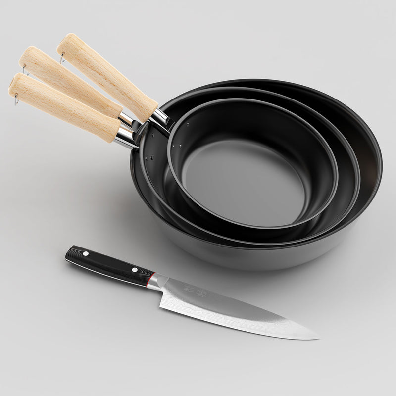 Premium Iron Pans + Damascus Chef Knife